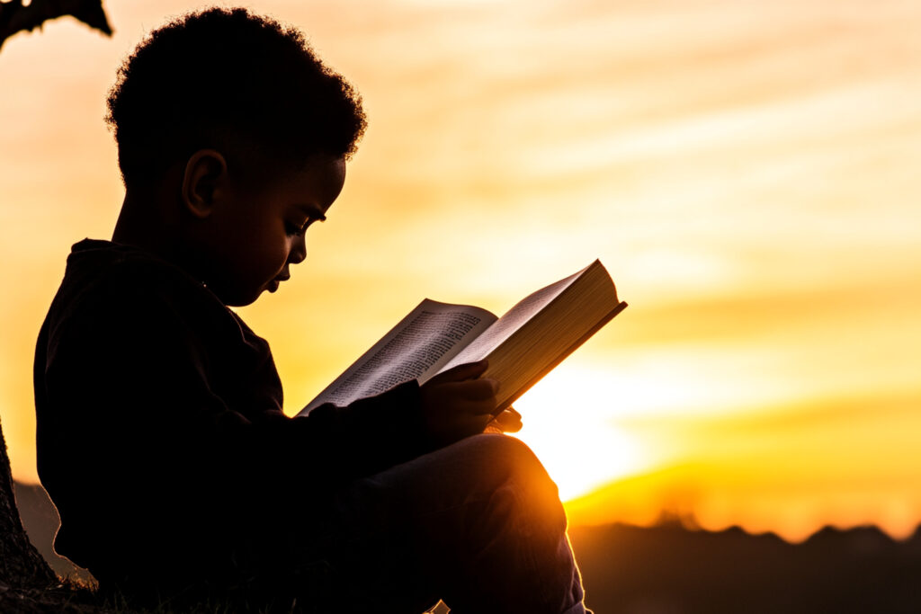 vecteezy a young boy sitting under a tree reading a book 68458393